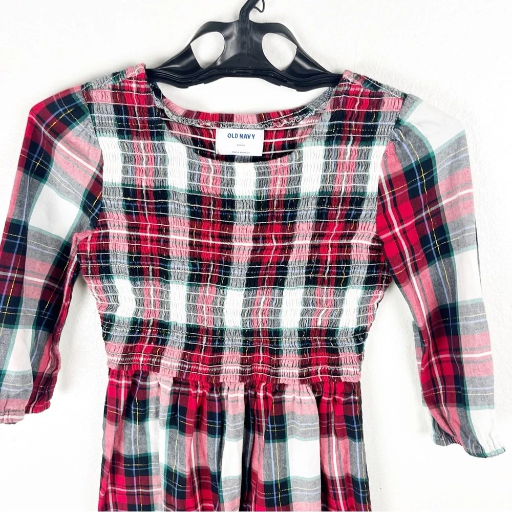 OLD NAVY Girls Plaid Smocked-Bodice Long Sleeves Dress, Size XL (14/16) Holiday